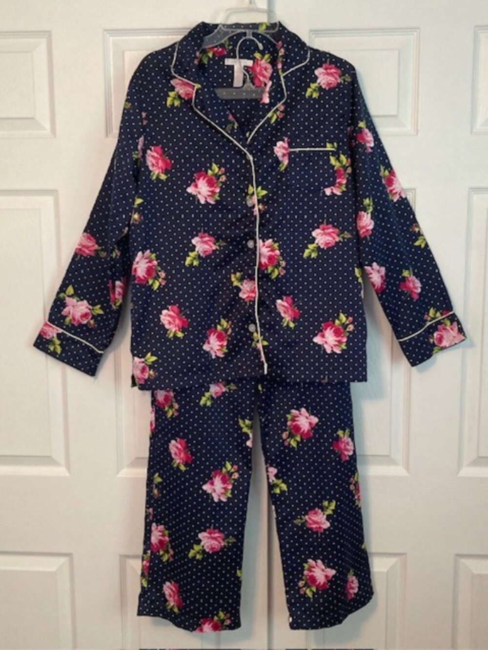 Sara Beth Navy Blue with White Polka Dots and Pink Flowers Pajama Set Size Large
